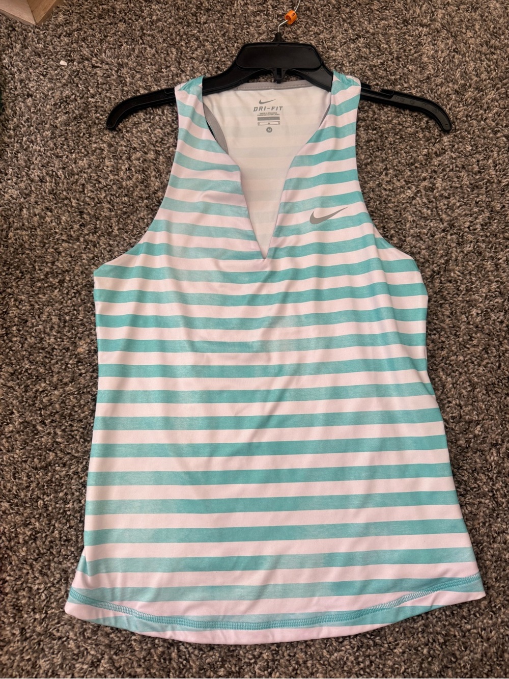 Nike Women's Aqua and White Striped Dri-FIT V-Neck Tank